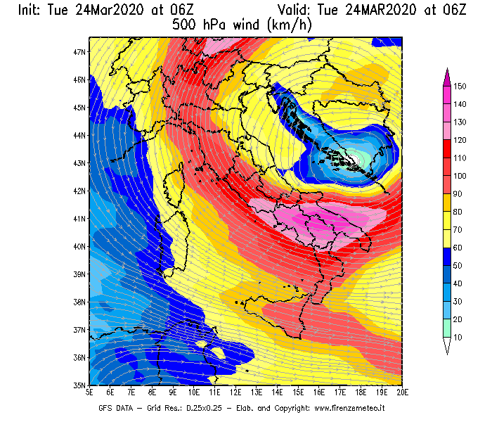 Mappa di analisi GFS - Velocità del vento a 500 hPa [km/h] in Italia
							del 24/03/2020 06 <!--googleoff: index-->UTC<!--googleon: index-->