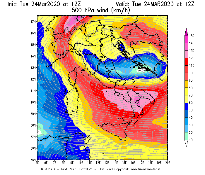 Mappa di analisi GFS - Velocità del vento a 500 hPa [km/h] in Italia
									del 24/03/2020 12 <!--googleoff: index-->UTC<!--googleon: index-->