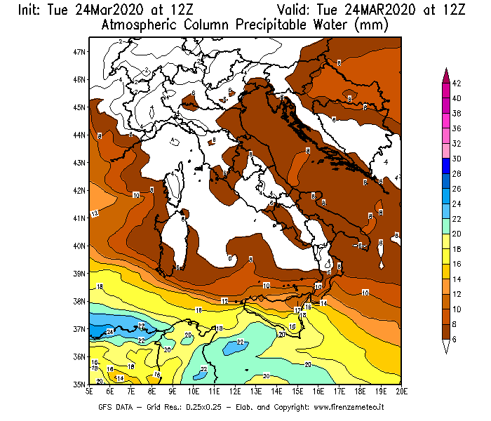 Mappa di analisi GFS - Precipitable Water [mm] in Italia
							del 24/03/2020 12 <!--googleoff: index-->UTC<!--googleon: index-->