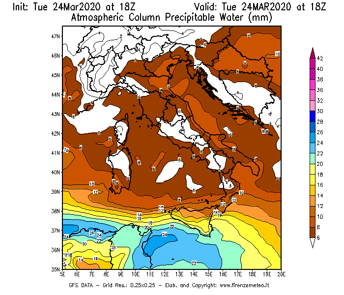 Mappa di analisi GFS - Precipitable Water [mm] in Italia
									del 24/03/2020 18 <!--googleoff: index-->UTC<!--googleon: index-->
