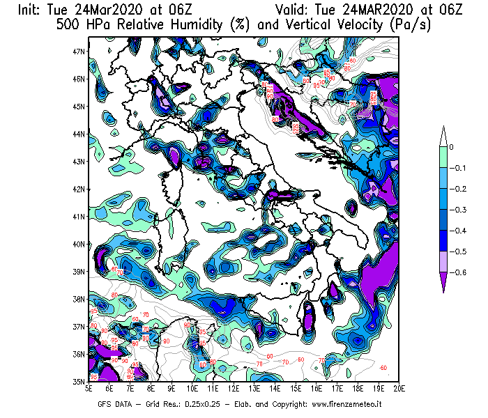 Mappa di analisi GFS - Umidità relativa [%] e Omega [Pa/s] a 500 hPa in Italia
									del 24/03/2020 06 <!--googleoff: index-->UTC<!--googleon: index-->