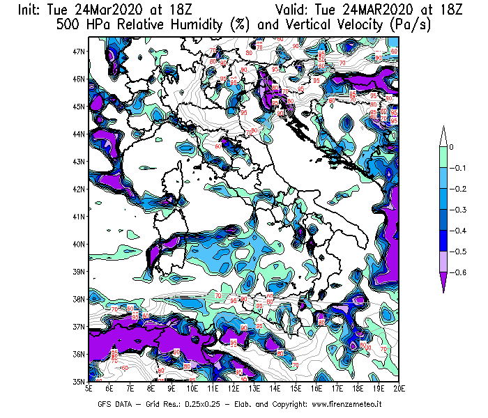 Mappa di analisi GFS - Umidità relativa [%] e Omega [Pa/s] a 500 hPa in Italia
							del 24/03/2020 18 <!--googleoff: index-->UTC<!--googleon: index-->