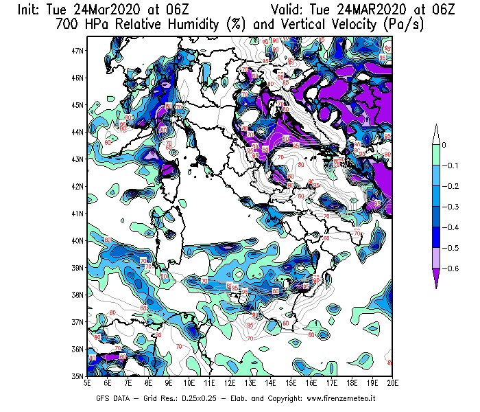 Mappa di analisi GFS - Umidità relativa [%] e Omega [Pa/s] a 700 hPa in Italia
									del 24/03/2020 06 <!--googleoff: index-->UTC<!--googleon: index-->