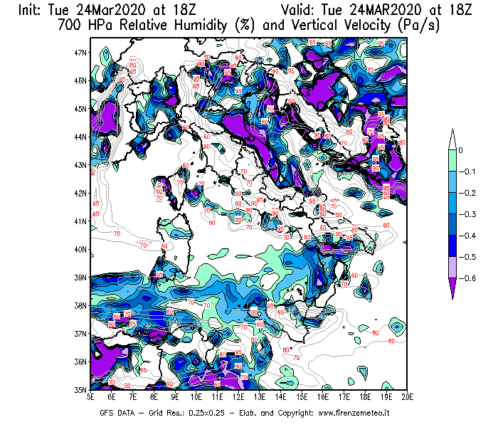 Mappa di analisi GFS - Umidità relativa [%] e Omega [Pa/s] a 700 hPa in Italia
							del 24/03/2020 18 <!--googleoff: index-->UTC<!--googleon: index-->