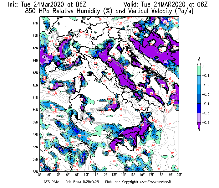 Mappa di analisi GFS - Umidità relativa [%] e Omega [Pa/s] a 850 hPa in Italia
									del 24/03/2020 06 <!--googleoff: index-->UTC<!--googleon: index-->