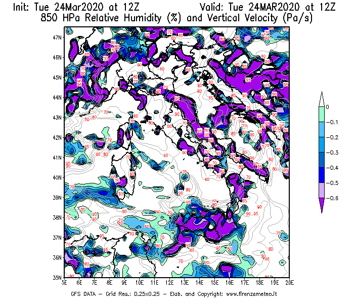 Mappa di analisi GFS - Umidità relativa [%] e Omega [Pa/s] a 850 hPa in Italia
									del 24/03/2020 12 <!--googleoff: index-->UTC<!--googleon: index-->