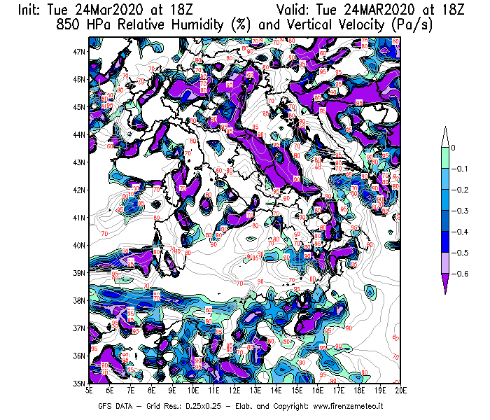 Mappa di analisi GFS - Umidità relativa [%] e Omega [Pa/s] a 850 hPa in Italia
							del 24/03/2020 18 <!--googleoff: index-->UTC<!--googleon: index-->