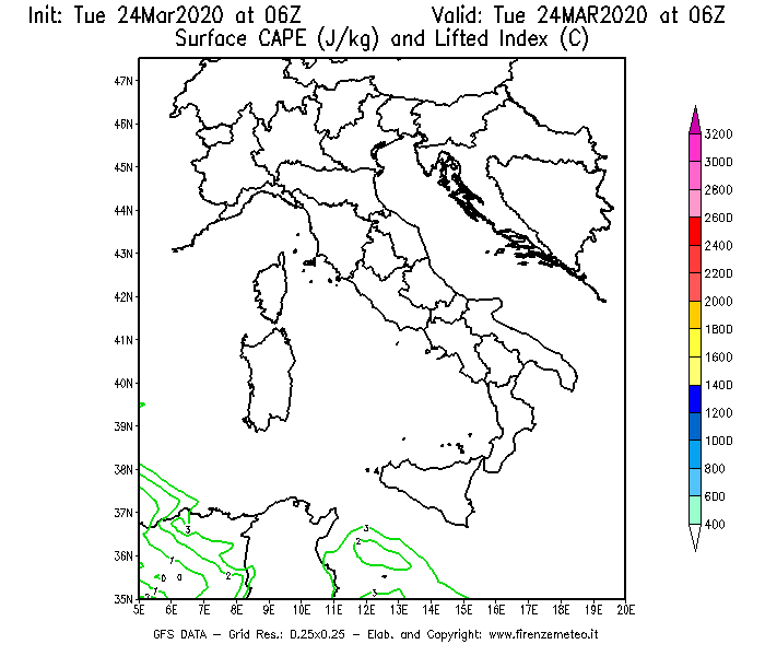 Mappa di analisi GFS - CAPE [J/kg] e Lifted Index [°C] in Italia
									del 24/03/2020 06 <!--googleoff: index-->UTC<!--googleon: index-->