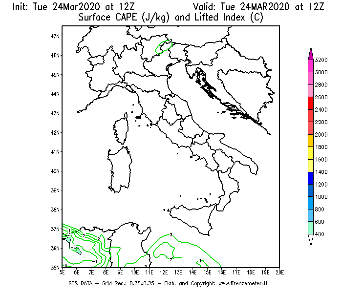 Mappa di analisi GFS - CAPE [J/kg] e Lifted Index [°C] in Italia
							del 24/03/2020 12 <!--googleoff: index-->UTC<!--googleon: index-->