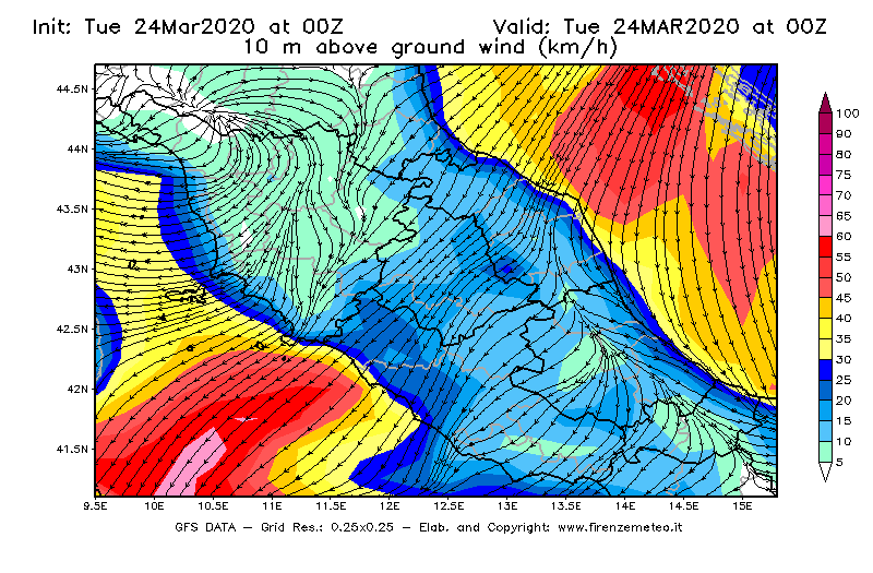Mappa di analisi GFS - Velocità del vento a 10 metri dal suolo [km/h] in Centro-Italia
							del 24/03/2020 00 <!--googleoff: index-->UTC<!--googleon: index-->