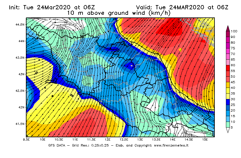 Mappa di analisi GFS - Velocità del vento a 10 metri dal suolo [km/h] in Centro-Italia
									del 24/03/2020 06 <!--googleoff: index-->UTC<!--googleon: index-->
