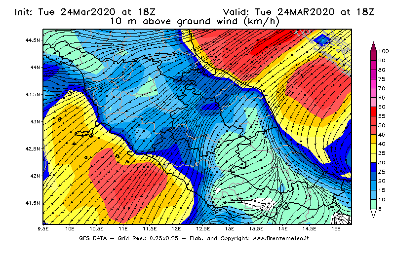Mappa di analisi GFS - Velocità del vento a 10 metri dal suolo [km/h] in Centro-Italia
							del 24/03/2020 18 <!--googleoff: index-->UTC<!--googleon: index-->