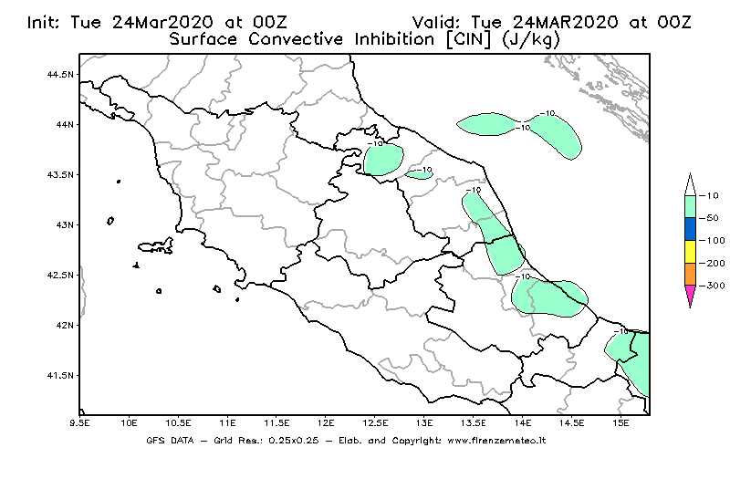 Mappa di analisi GFS - CIN [J/kg] in Centro-Italia
							del 24/03/2020 00 <!--googleoff: index-->UTC<!--googleon: index-->
