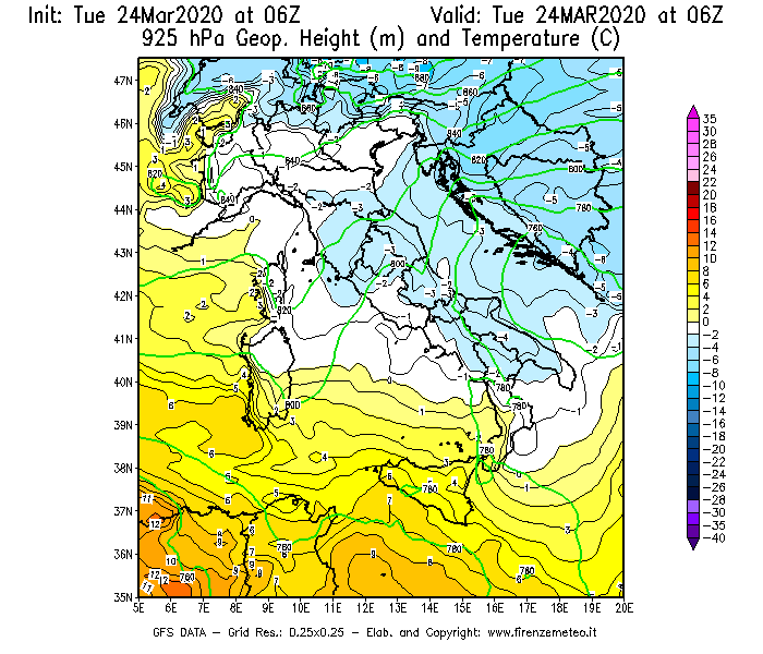 Mappa di analisi GFS - Geopotenziale [m] e Temperatura [°C] a 925 hPa in Italia
							del 24/03/2020 06 <!--googleoff: index-->UTC<!--googleon: index-->