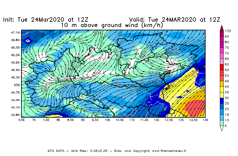 Mappa di analisi GFS - Velocità del vento a 10 metri dal suolo [km/h] in Nord-Italia
							del 24/03/2020 12 <!--googleoff: index-->UTC<!--googleon: index-->