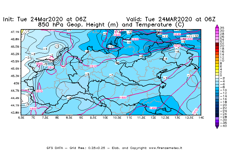 Mappa di analisi GFS - Geopotenziale [m] e Temperatura [°C] a 850 hPa in Nord-Italia
									del 24/03/2020 06 <!--googleoff: index-->UTC<!--googleon: index-->