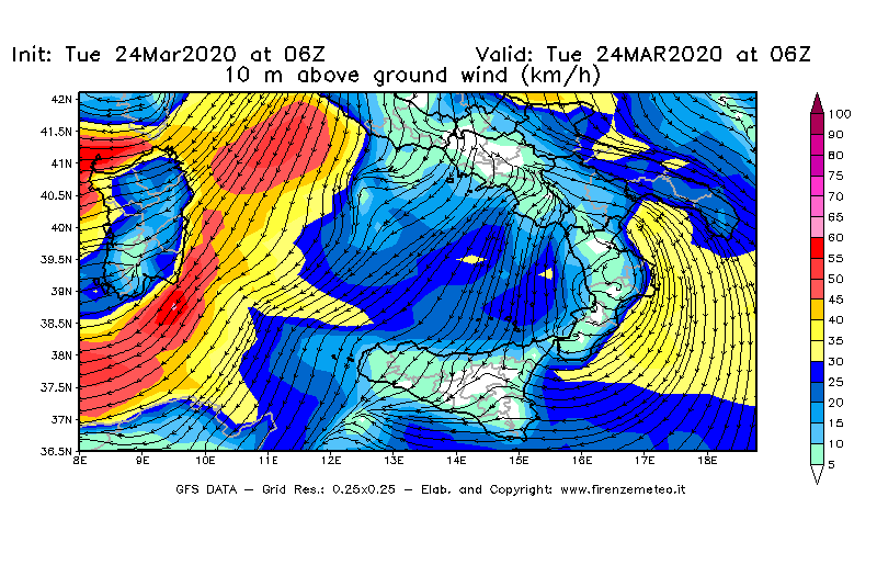 Mappa di analisi GFS - Velocità del vento a 10 metri dal suolo [km/h] in Sud-Italia
							del 24/03/2020 06 <!--googleoff: index-->UTC<!--googleon: index-->