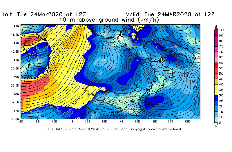 Mappa di analisi GFS - Velocità del vento a 10 metri dal suolo [km/h] in Sud-Italia
							del 24/03/2020 12 <!--googleoff: index-->UTC<!--googleon: index-->