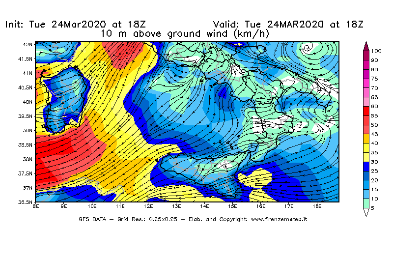 Mappa di analisi GFS - Velocità del vento a 10 metri dal suolo [km/h] in Sud-Italia
							del 24/03/2020 18 <!--googleoff: index-->UTC<!--googleon: index-->