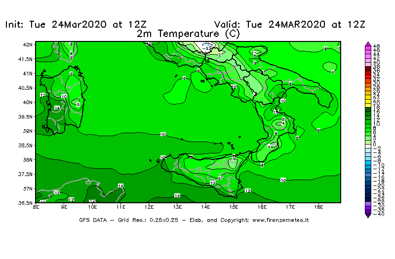 Mappa di analisi GFS - Temperatura a 2 metri dal suolo [°C] in Sud-Italia
							del 24/03/2020 12 <!--googleoff: index-->UTC<!--googleon: index-->