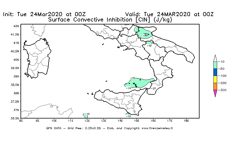 Mappa di analisi GFS - CIN [J/kg] in Sud-Italia
									del 24/03/2020 00 <!--googleoff: index-->UTC<!--googleon: index-->
