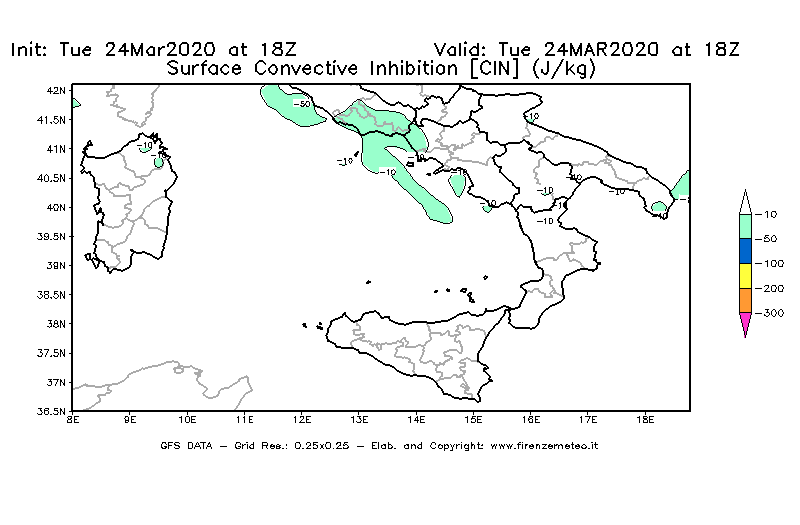 Mappa di analisi GFS - CIN [J/kg] in Sud-Italia
									del 24/03/2020 18 <!--googleoff: index-->UTC<!--googleon: index-->