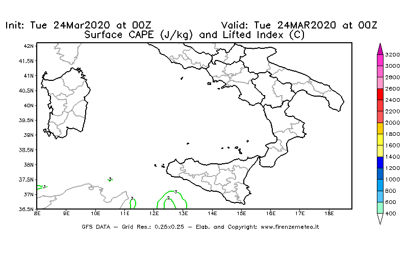 Mappa di analisi GFS - CAPE [J/kg] e Lifted Index [°C] in Sud-Italia
							del 24/03/2020 00 <!--googleoff: index-->UTC<!--googleon: index-->