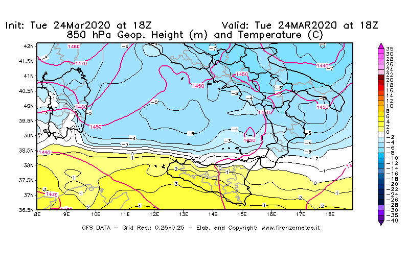 Mappa di analisi GFS - Geopotenziale [m] e Temperatura [°C] a 850 hPa in Sud-Italia
									del 24/03/2020 18 <!--googleoff: index-->UTC<!--googleon: index-->