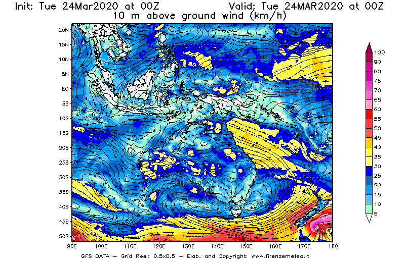 Mappa di analisi GFS - Velocità del vento a 10 metri dal suolo [km/h] in Oceania
									del 24/03/2020 00 <!--googleoff: index-->UTC<!--googleon: index-->