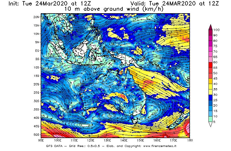 Mappa di analisi GFS - Velocità del vento a 10 metri dal suolo [km/h] in Oceania
									del 24/03/2020 12 <!--googleoff: index-->UTC<!--googleon: index-->