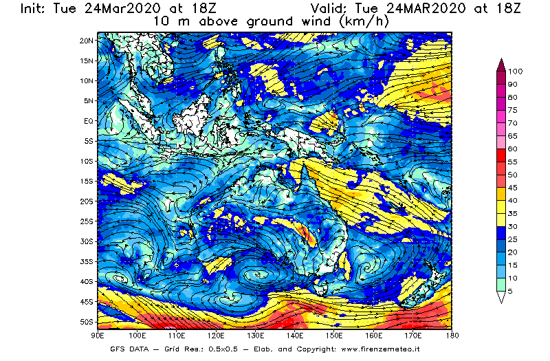 Mappa di analisi GFS - Velocità del vento a 10 metri dal suolo [km/h] in Oceania
									del 24/03/2020 18 <!--googleoff: index-->UTC<!--googleon: index-->