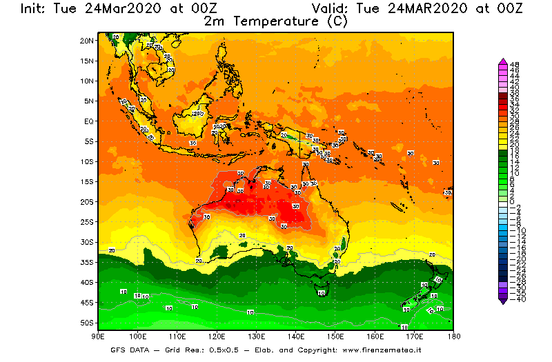 Mappa di analisi GFS - Temperatura a 2 metri dal suolo [°C] in Oceania
							del 24/03/2020 00 <!--googleoff: index-->UTC<!--googleon: index-->