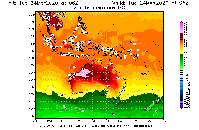 Mappa di analisi GFS - Temperatura a 2 metri dal suolo [°C] in Oceania
									del 24/03/2020 06 <!--googleoff: index-->UTC<!--googleon: index-->