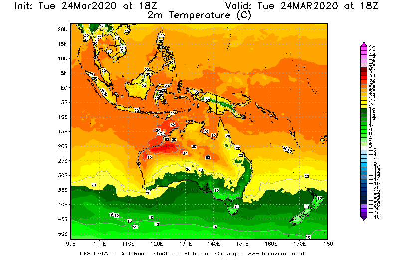 Mappa di analisi GFS - Temperatura a 2 metri dal suolo [°C] in Oceania
									del 24/03/2020 18 <!--googleoff: index-->UTC<!--googleon: index-->