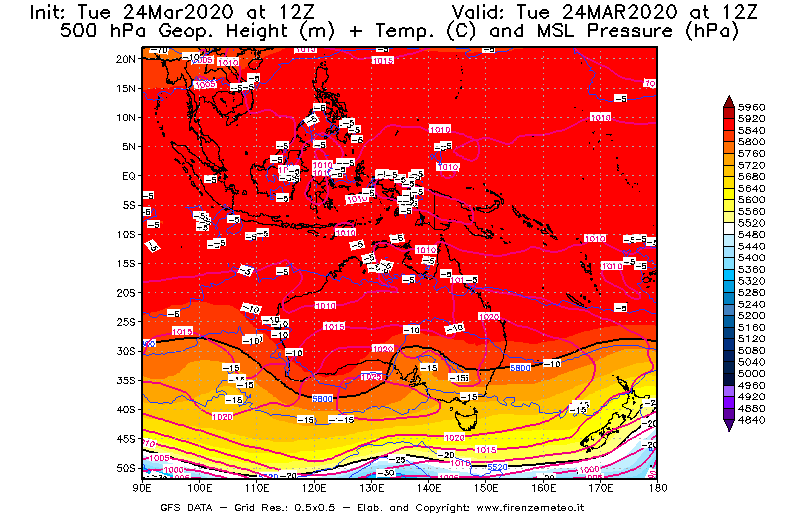 Mappa di analisi GFS - Geopotenziale [m] + Temp. [°C] a 500 hPa + Press. a livello del mare [hPa] in Oceania
									del 24/03/2020 12 <!--googleoff: index-->UTC<!--googleon: index-->
