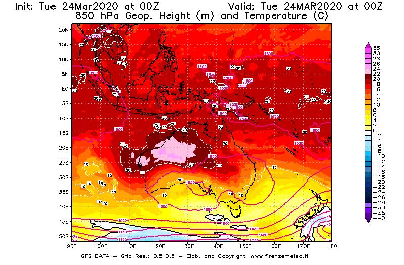 Mappa di analisi GFS - Geopotenziale [m] e Temperatura [°C] a 850 hPa in Oceania
							del 24/03/2020 00 <!--googleoff: index-->UTC<!--googleon: index-->