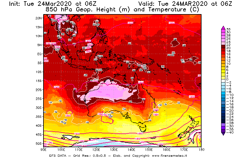 Mappa di analisi GFS - Geopotenziale [m] e Temperatura [°C] a 850 hPa in Oceania
									del 24/03/2020 06 <!--googleoff: index-->UTC<!--googleon: index-->