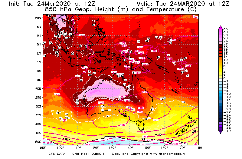 Mappa di analisi GFS - Geopotenziale [m] e Temperatura [°C] a 850 hPa in Oceania
									del 24/03/2020 12 <!--googleoff: index-->UTC<!--googleon: index-->