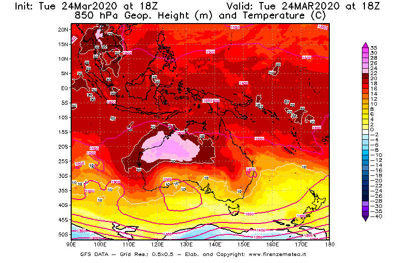 Mappa di analisi GFS - Geopotenziale [m] e Temperatura [°C] a 850 hPa in Oceania
									del 24/03/2020 18 <!--googleoff: index-->UTC<!--googleon: index-->