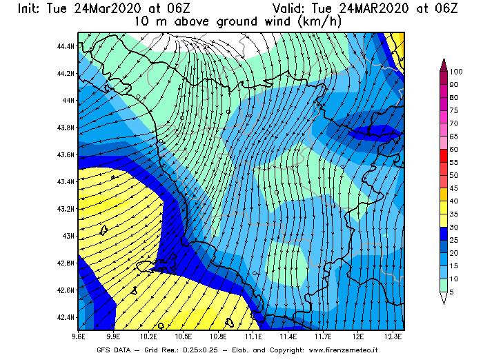 Mappa di analisi GFS - Velocità del vento a 10 metri dal suolo [km/h] in Toscana
							del 24/03/2020 06 <!--googleoff: index-->UTC<!--googleon: index-->