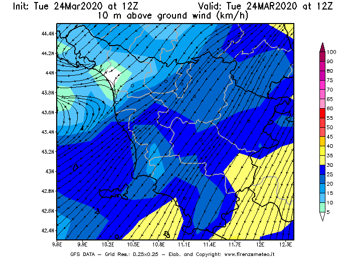 Mappa di analisi GFS - Velocità del vento a 10 metri dal suolo [km/h] in Toscana
							del 24/03/2020 12 <!--googleoff: index-->UTC<!--googleon: index-->