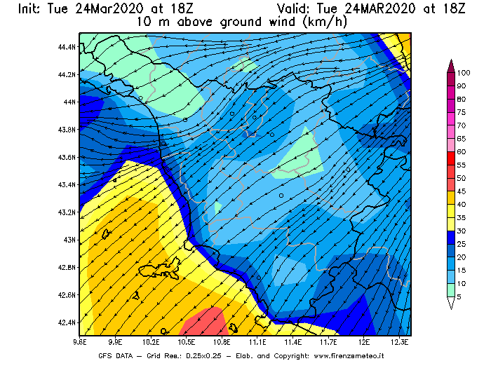 Mappa di analisi GFS - Velocità del vento a 10 metri dal suolo [km/h] in Toscana
									del 24/03/2020 18 <!--googleoff: index-->UTC<!--googleon: index-->