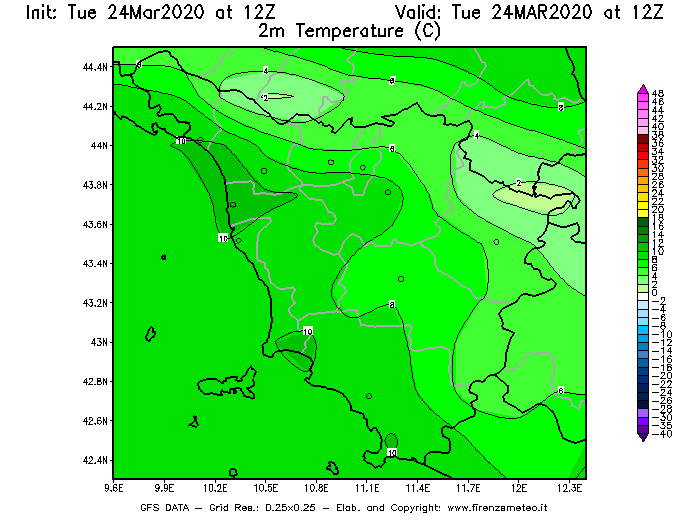 Mappa di analisi GFS - Temperatura a 2 metri dal suolo [°C] in Toscana
									del 24/03/2020 12 <!--googleoff: index-->UTC<!--googleon: index-->