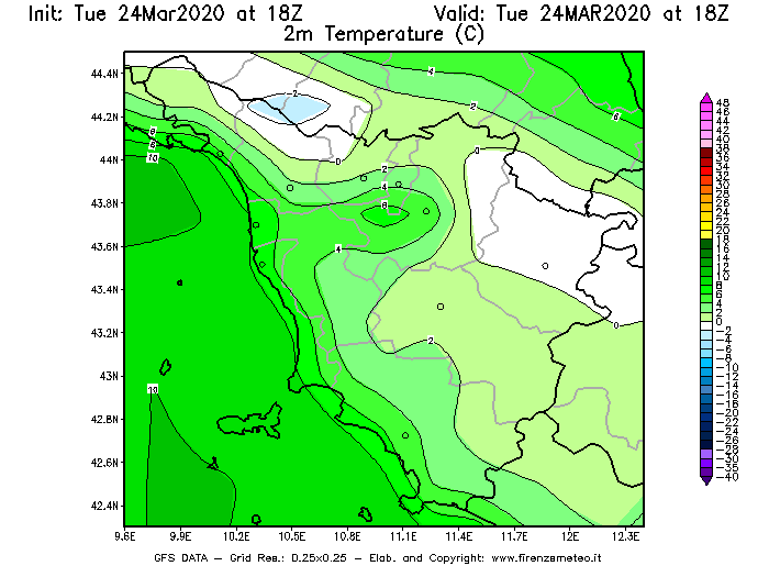 Mappa di analisi GFS - Temperatura a 2 metri dal suolo [°C] in Toscana
							del 24/03/2020 18 <!--googleoff: index-->UTC<!--googleon: index-->