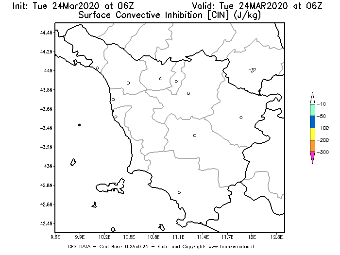 Mappa di analisi GFS - CIN [J/kg] in Toscana
							del 24/03/2020 06 <!--googleoff: index-->UTC<!--googleon: index-->