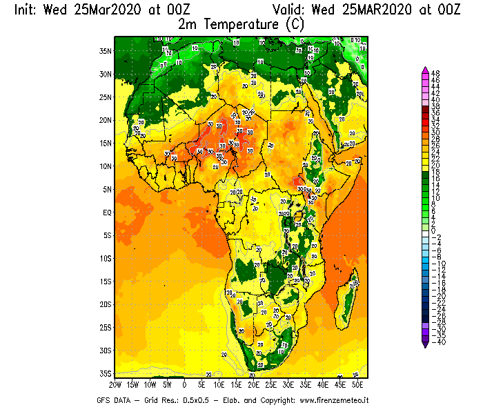 Mappa di analisi GFS - Temperatura a 2 metri dal suolo [°C] in Africa
							del 25/03/2020 00 <!--googleoff: index-->UTC<!--googleon: index-->