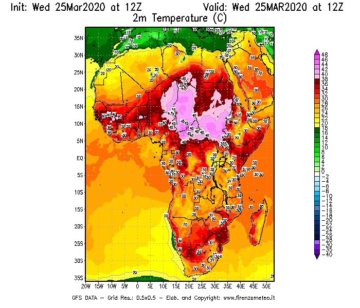 Mappa di analisi GFS - Temperatura a 2 metri dal suolo [°C] in Africa
							del 25/03/2020 12 <!--googleoff: index-->UTC<!--googleon: index-->