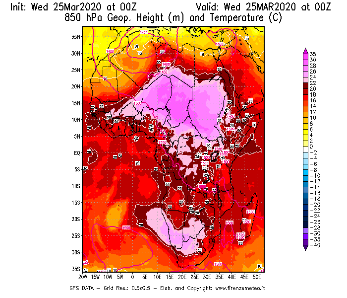 Mappa di analisi GFS - Geopotenziale [m] e Temperatura [°C] a 850 hPa in Africa
							del 25/03/2020 00 <!--googleoff: index-->UTC<!--googleon: index-->