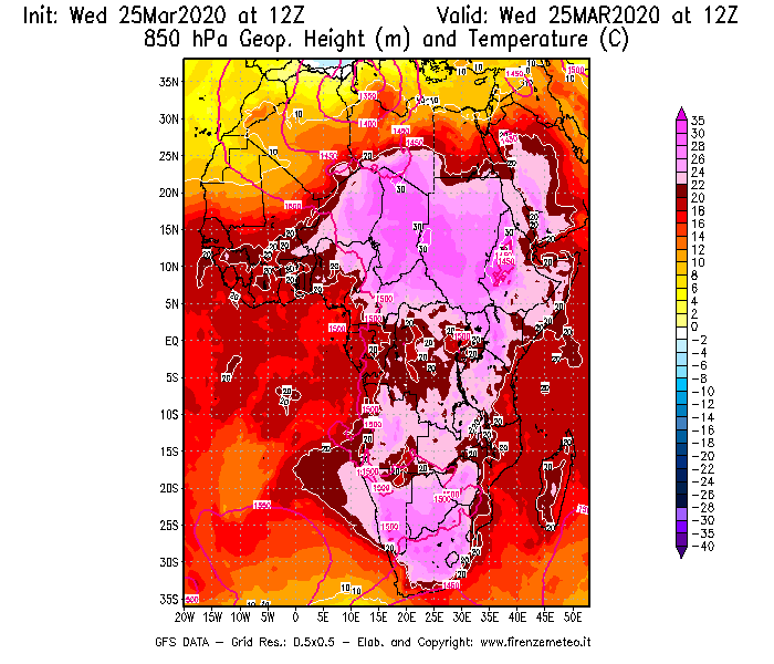 Mappa di analisi GFS - Geopotenziale [m] e Temperatura [°C] a 850 hPa in Africa
							del 25/03/2020 12 <!--googleoff: index-->UTC<!--googleon: index-->