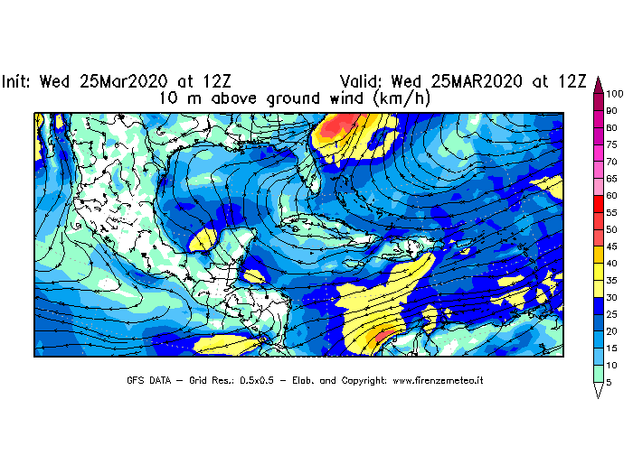Mappa di analisi GFS - Velocità del vento a 10 metri dal suolo [km/h] in Centro-America
							del 25/03/2020 12 <!--googleoff: index-->UTC<!--googleon: index-->